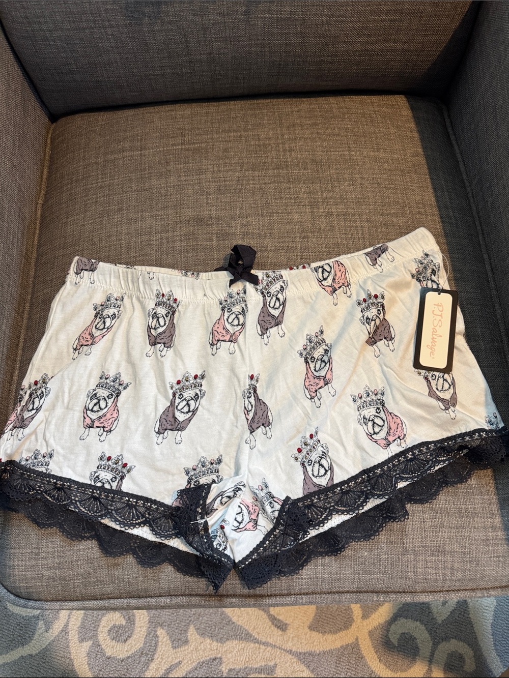 PJ Salvage White Pug Print Lace-Trim Sleep Shorts with Black Accents